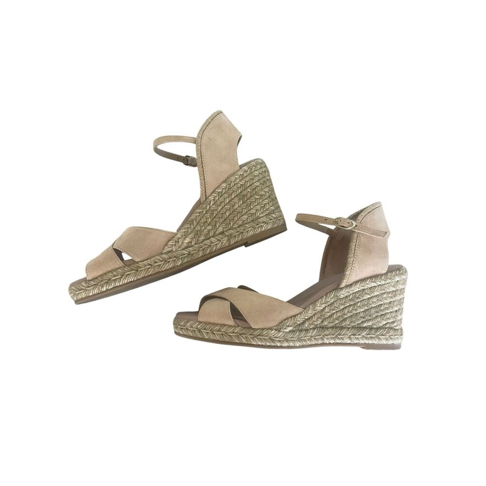 Stuart Weitzman Mirella II Nude Suede Leather Wedge Sandals Women’s Size 6.5 - Picture 2 of 7